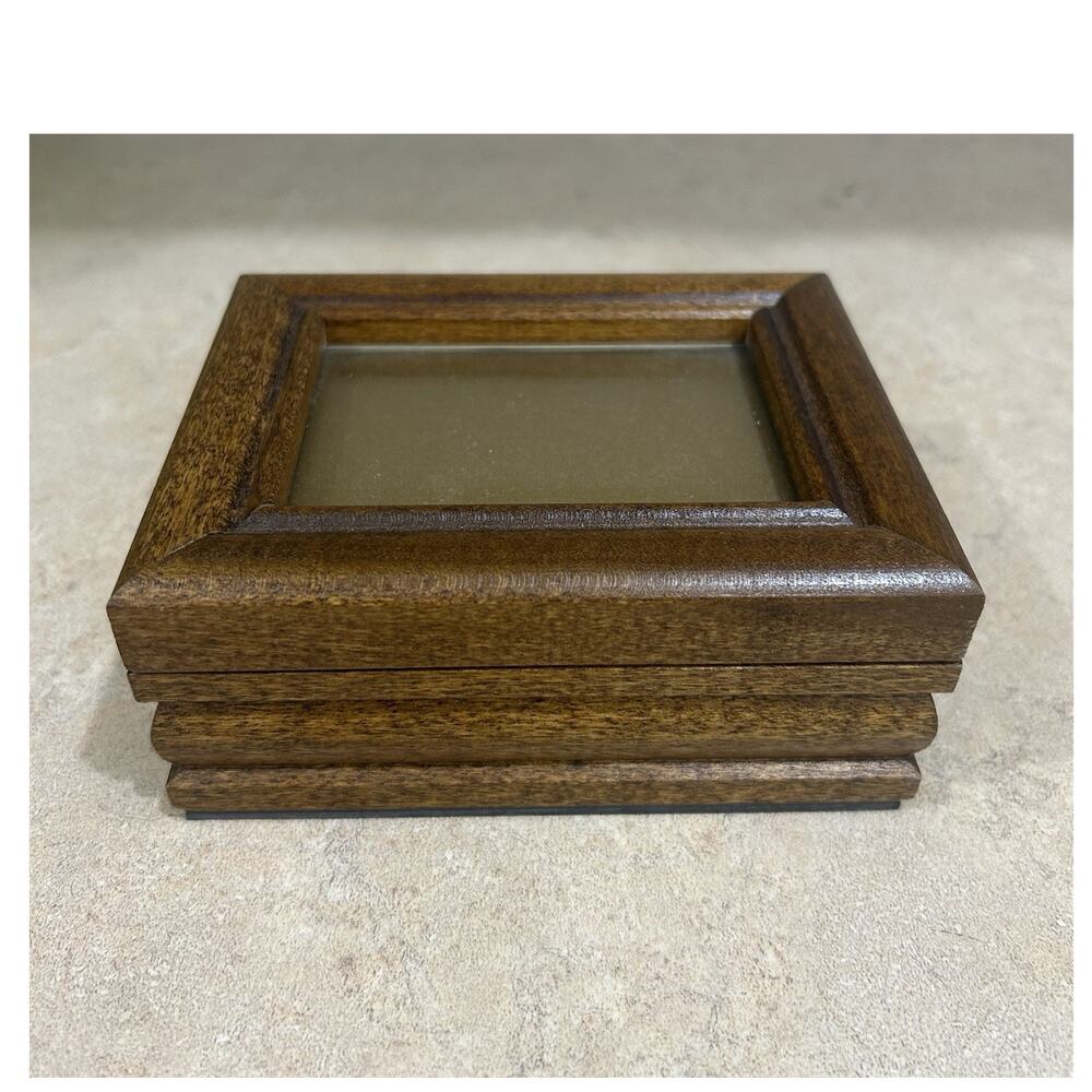 Wood Jewelry Box Brown Rectangle Hinged Glass Lid Display Case Trinket Box